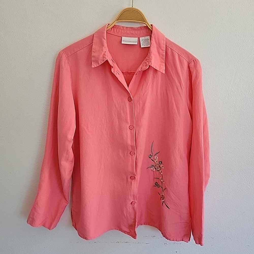 Vintage Worthington Linen Rayon Top‎ 12 Coral Pink Embroidered Button Up Cottage